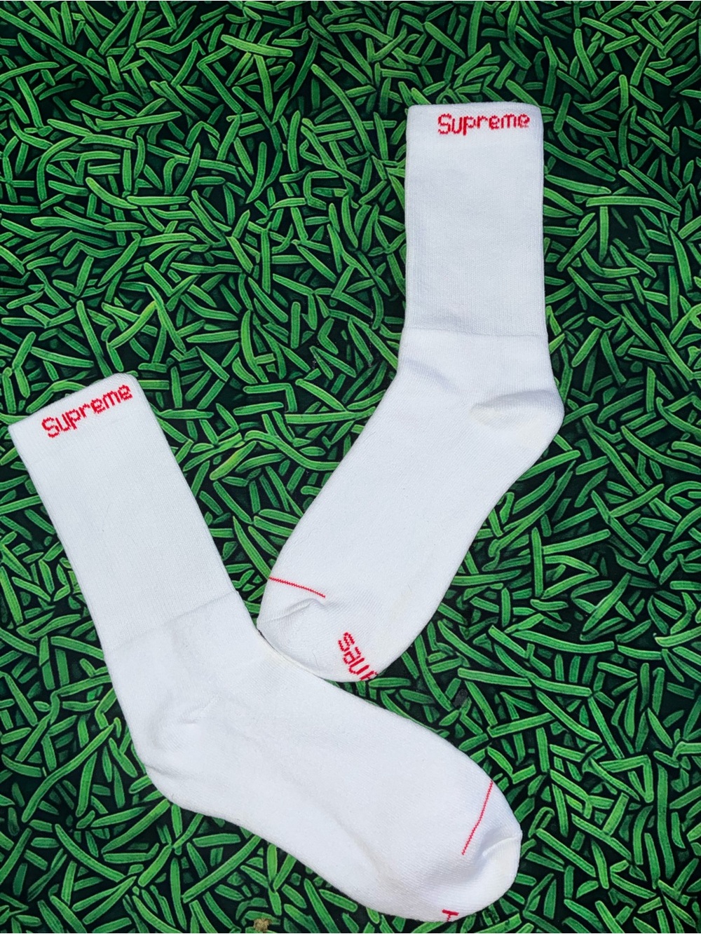 Supreme White Crew Socks with Red Logo Accents